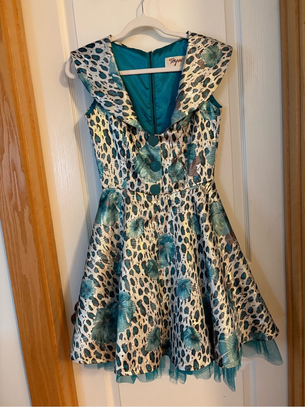 Tatyana Circle Teal Floral Leopard Print Dress Retro Rockabilly Swing Pin Up